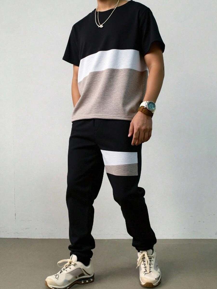 SHEIN Tween Boy Contrast Color Splice T-Shirt & Drawstring Waist Pants Set