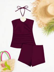 SHEIN Swim Women's Solid Color Spaghetti Strap High Neck Backless 3D Floral Decor Fitted Summer Camisole Tankini Swimsuit