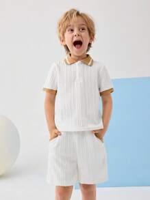 SHEIN Leap Crew 2 件套年轻男孩休闲舒适宽松短袖 Polo 衫和短裤