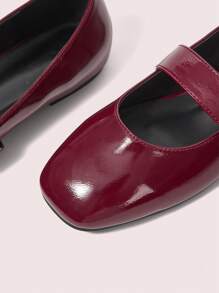 CUCCOO DOLLMOD Wine Red Crinkle Textured Square Toe 1CM Combo Heel Comfortable Flat Shoes For Women - Burgundy - View 7