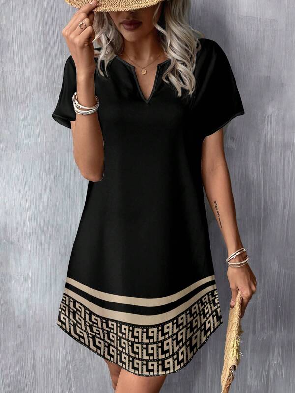 SHEIN LUNE Casual Minimalist Women's Floral V-Neck Woven Short Dress, Suitable For Spring & Summer,Boho Clothes Women