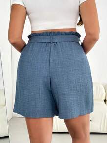 SHEIN Essnce Plus Size Women Spring And Summer Fashion Casual Loose Comfortable Daily Cool Light Fabric Elastic Waist Blue Shorts With Pockets,Skort,Vacation,Women Bottom,Boho,European Summer,Flowy Shorts,Comfy Shorts,Airport,Bermuda Shorts - Blue - View 3