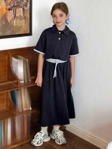 DAZY 2 件套青少年女孩 Polo 领 T 恤和裙子套装，夏季 - 藏蓝色 - 查看 7