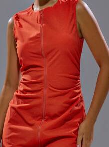 MUSERA Crew Neck Full Zip Fitted A Line Sleeveless Mini Dress Spring, Summer, Streetwear, Y2k, Cool Girl,City Muse Vacation Night Out - Red - View 2
