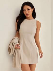 SHEIN PETITE 女士两件套复古优雅迷你连衣裙和西装外套套装休闲装夏季春季 - 杏色 - 查看 3