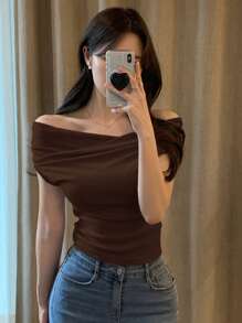 DAZY Women Solid Color Off-Shoulder Short Sleeve T-Shirt, Spring/Summer - Brown - View 5