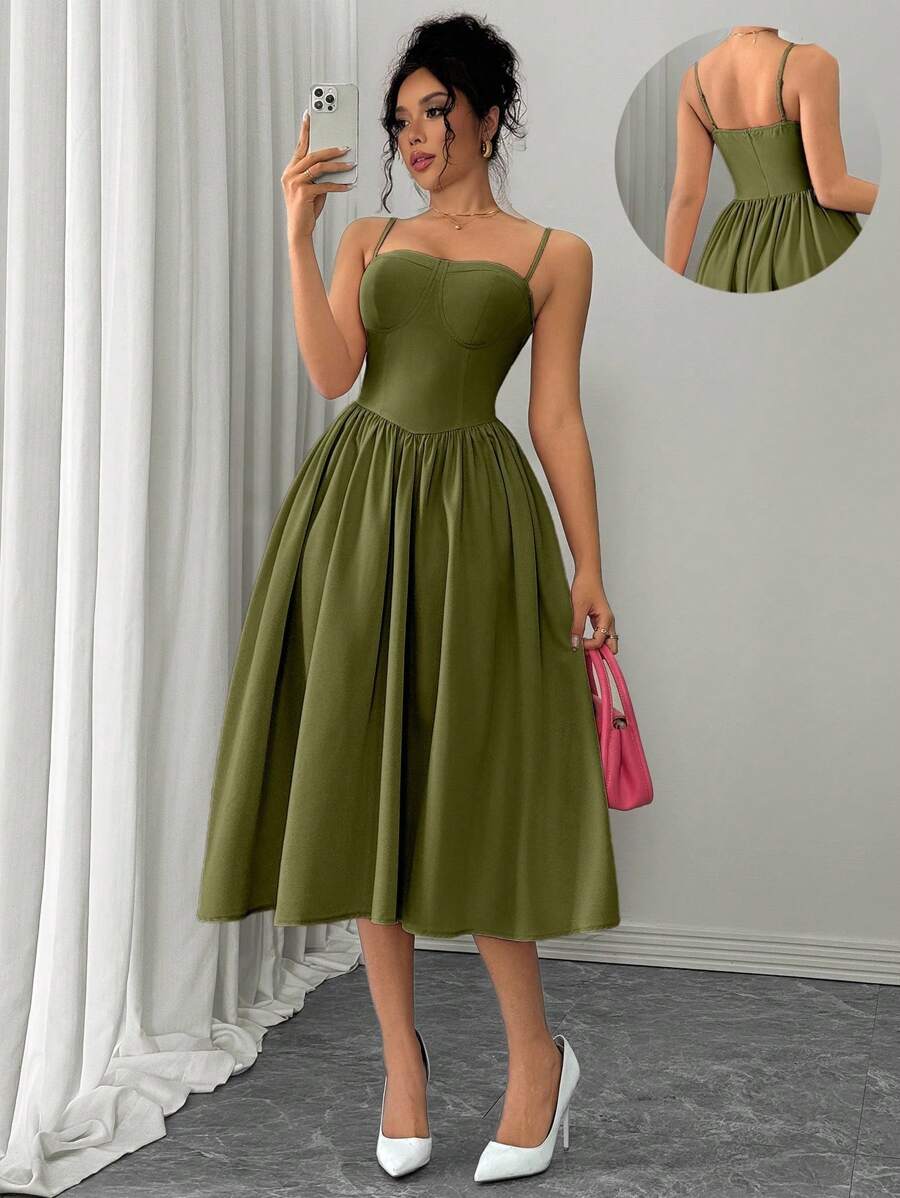 Rafferiza 秋冬女士时尚百搭约会派对修身腰喇叭裙 - 軍綠色 - 查看 1