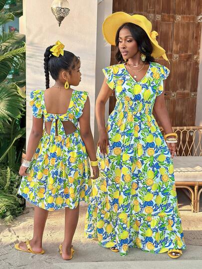 青少年女孩度假休闲可爱热带水果图案方领飘袖喇叭下摆镂空蝴蝶结后背连衣裙，母子装（2 件单独出售）