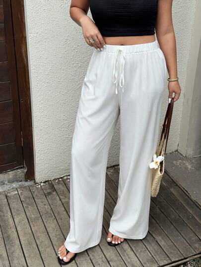 SHEIN Tall Plus Size Women's Solid Color Tie-Waist Casual Comfortable Long Pants Fall Cloth For Women