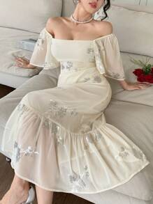 DAZY Valentinstag Chiffon Blumen Midi Kleid mit quadratischem Kragen, Rüschensaum und Volant für Frauen, Kleidung für den Schulanfang