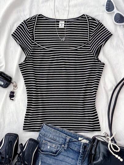 少女春夏情人节休闲纯洁少女美式BM风Y2K黑白条纹针织U领短袖T恤