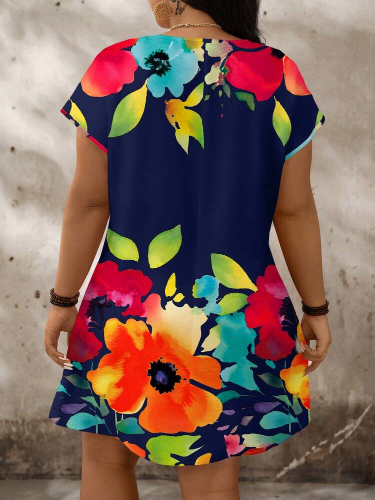 Plus Size Floral Print Notch V-Neck Batwing Sleeve Summer Dress