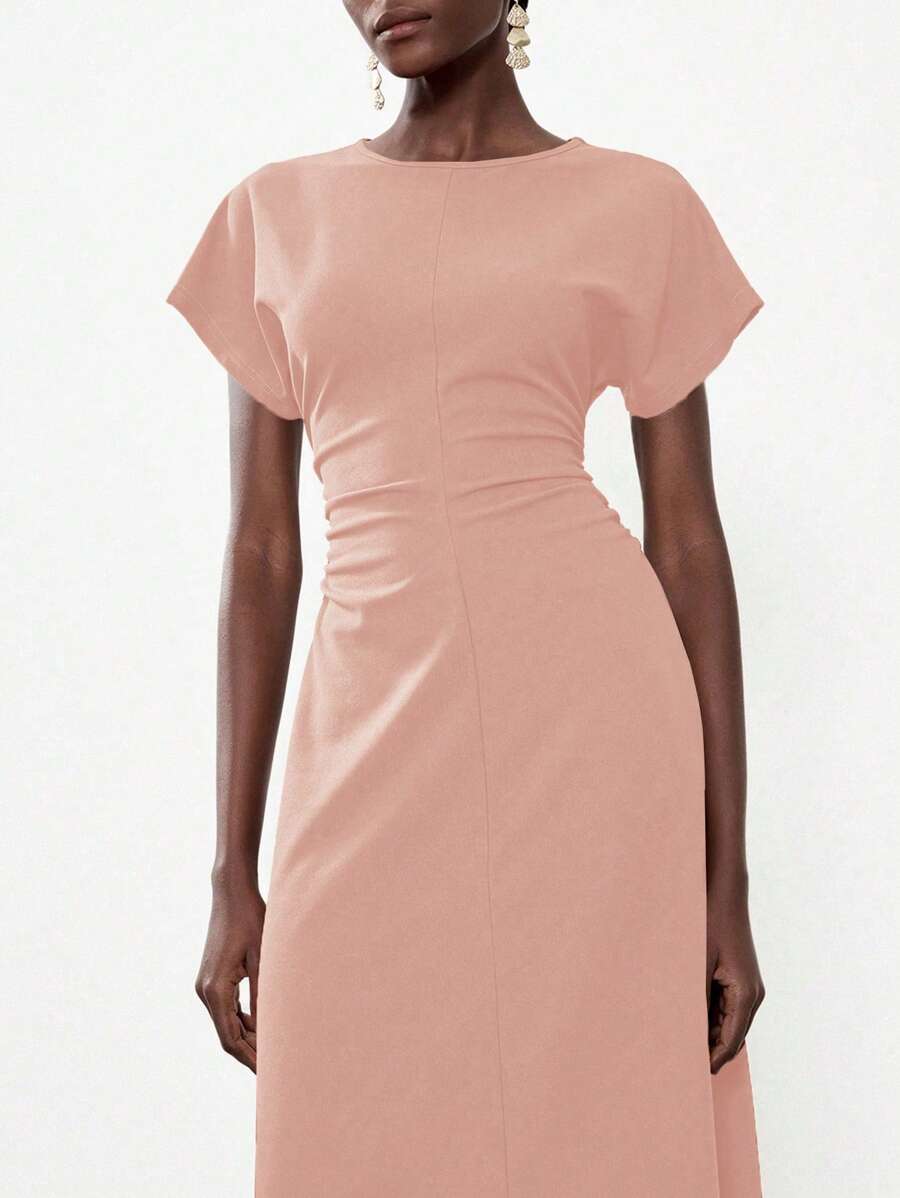 Lumivelle Round Neck Batwing Sleeve Pleated Dress For Women - Baby Pink - View 1