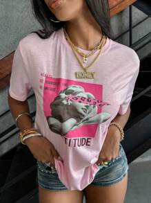 INAWLY 标语和图案 T 恤 永远做自己，保持独特态度 图案 T 恤 女式上衣 - 淺粉色 - 查看 1