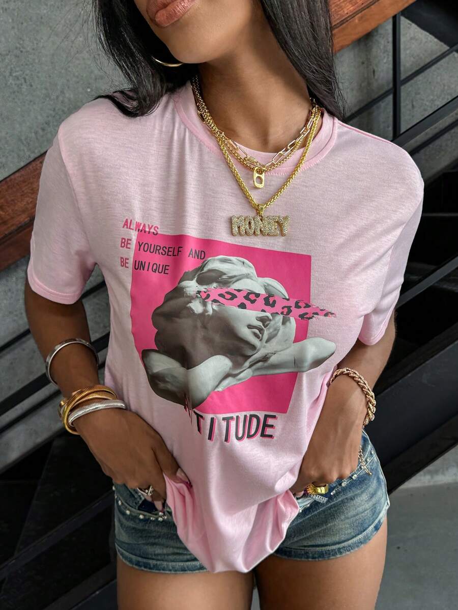 INAWLY 标语和图案 T 恤 永远做自己，保持独特态度 图案 T 恤 女式上衣 - 淺粉色 - 查看 1