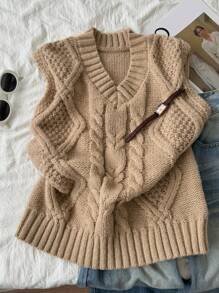 DAZY Chaleco de mujer de punto trenzado con cuello en V para primavera y otoño