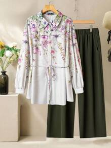 Modelyn 2 Pieces Plus Size Set: Solid Color Long Sleeve Shirt & Long Trousers, Fashionable For Summer - Multicolor - View 1