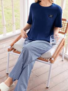 Dream Adore Solid Color Casual Letter Graphic T-Shirt Top And Stripe Jacquard Long Pants Pajama Set