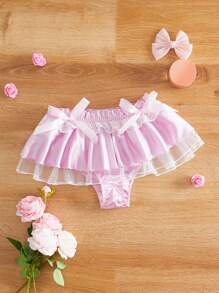 粉色多层蛋糕下摆荷叶边蕾丝缎边内裤，带蝴蝶结，卡哇伊，可爱洛丽塔风格女士内裤