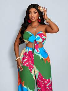 Maweii Conjunto de dos piezas de talla grande con top tubo y pantalones holgados impresos, vestimenta de playa y resort bohemia de verano para mujer