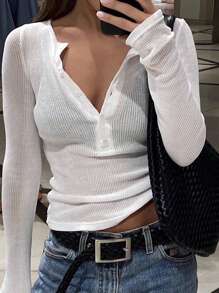 Livesso Women's Autumn Simple Solid Color New Slim Fit Button Half Placket Long Sleeve T-Shirt - White - View 4