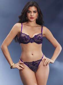 SHEIN Opulent Queen Women's Classic Purple Lace Lingerie Set Sheer Bralette And Panty Set With Spaghetti Straps