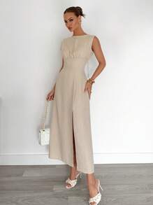 Siren Gaze Summer Fashion Simple Versatile Linen Waist Long Dress, Casual Commuting High Slit Sleeveless Long Dress, Office Wear, Holiday Long Dress - Apricot - View 3