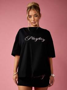 Missguided x Playboy 个性超大图案 T 恤，四季皆宜的街头潮流长款休闲 T 恤，带有标志性兔子图案，宽松休闲家居服