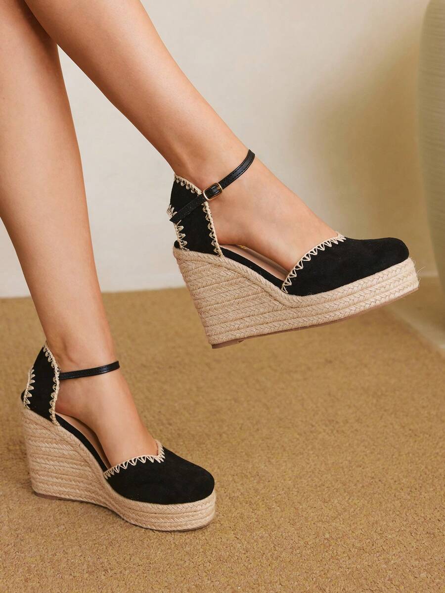 Styleloop Women's Rope Woven Platform Wedge Sandals, Suitable For Party, Wedding, Daily Wear, Vacation - Black - View 1