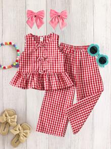 Emery Rose Kids Emery Rose Kids 2 件套年轻女孩编织格子圆领修身休闲上衣和宽松休闲裤 - 彩色 - 查看 2