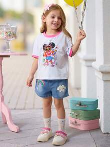 SHEIN Young Girl White Summer School Back-To-School Cartoon Pattern Contrast Color Round Neck Short Sleeve T-Shirt For Kindergarten Daily Wear Photo Shoots - White - View 7