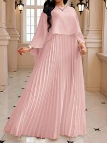 Fleurora 大码纯色褶皱优雅连衣裙，夏季时尚