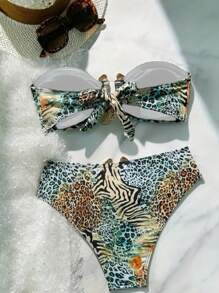 Vaytide Conjunto de bikini de dos piezas tipo bandeau con accesorios en color dorado, estampado de leopardo degradado, ideal para vacaciones de verano - Multicolor 2 - Ver 3
