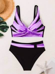 Swim Lushoire Contrast Color Bikini Swimwear For Summer Beach Vacation - Purple - View 3