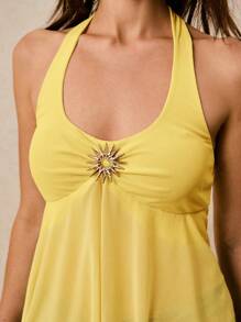 Poéselle Top halter con decoración metálica y espalda descubierta para mujer, verano - Amarillo - Ver 7