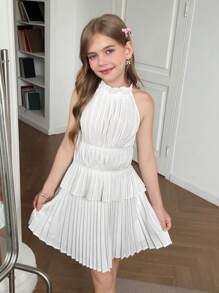 青少年女孩荷叶边领无袖上衣和褶皱迷你裙两件套 - 白色 - 查看 10