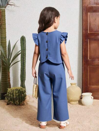 Elladie kids Conjunto de 2 piezas de camiseta de manga corta con botones en la espalda y pantalones largos casuales de tela texturizada para niña