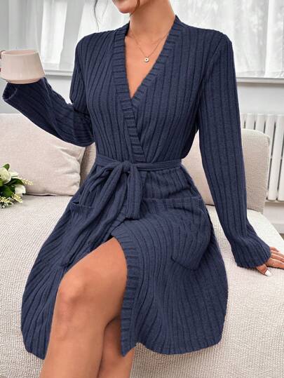 Women Solid Color Long Sleeve Ribbed Double Pocket Lounge Robe Long Robe Knit Robe, For Fall, Cozy Outfit
