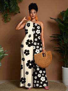 Maweii Bộ đồ liền thân rộng rãi in họa tiết hoa kỹ thuật số bằng vải chiffon cỡ lớn dành cho nữ, phong cách thời trang thường ngày - Nhiều màu - Xem 4