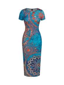 Ellevyn Women's Elegant Printed Bodycon Short Sleeve Midi Dress - Teal Blue - View 5