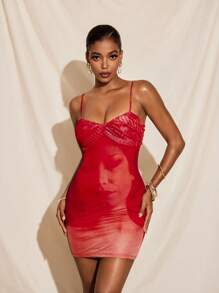 Armand Full Printed Spaghetti Straps Twist Neck Mesh Mini Dress, Sexy Party Vacation - Red - View 3