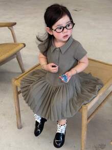 Dazy Kids 女童常规领纯色褶皱中长短袖连衣裙 - 灰色 - 查看 1