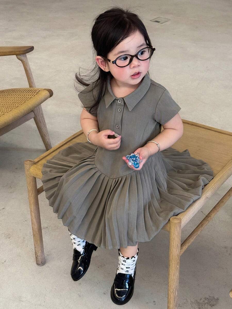 Dazy Kids 女童常规领纯色褶皱中长短袖连衣裙 - 灰色 - 查看 1