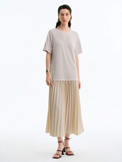 Aalyst Vestido de camisa recta de manga corta y cuello redondo de unicolor con falda plisada de línea A y niveles, adecuado para ir al trabajo y viajar, de moda casual para mujer en primavera/verano