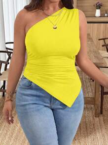 SHEIN Clasi Plus Size Women Summer Solid Color Asymmetric Hem Fashionable One Shoulder Top