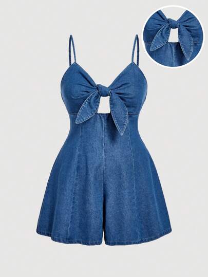 SHEIN MOD Mono vaquero sin mangas de escote en V con nudo frontal y recortes para mujer de talla grande, ideal para el verano y graduaciones