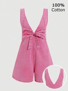 SHEIN MOD Plus Size Casual Solid Color Bow Tie Sleeveless Denim Overalls Romper, Spring Break