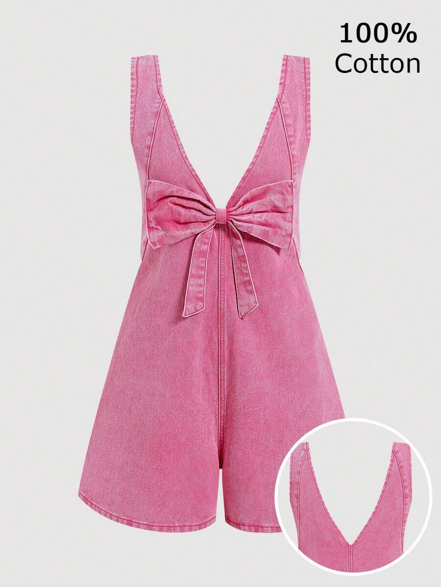 SHEIN MOD Plus Size Casual Solid Color Bowknot Sleeveless Denim Overalls Romper, Spring Break - Pink - View 1