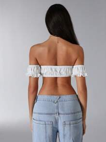 Jeanoix Blusa corta de hombros descubiertos para mujer, unicolor y sexy - Blanco - Ver 2