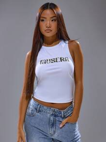 MUSERA Top de tirantes con estampado de parche gráfico, ropa urbana estilo Y2K, chica cool, musa de la ciudad, otoño, vuelta al cole